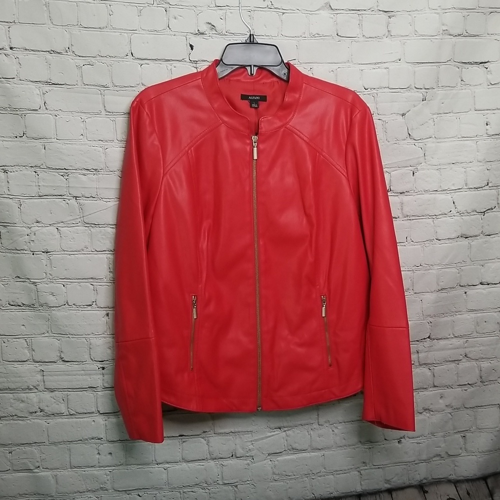 Alfani Red PLeather Jacket Zip Front Large NWT